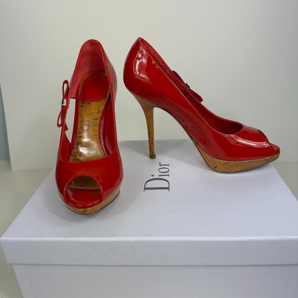 Authentic Dior patent leather platform heels with logo